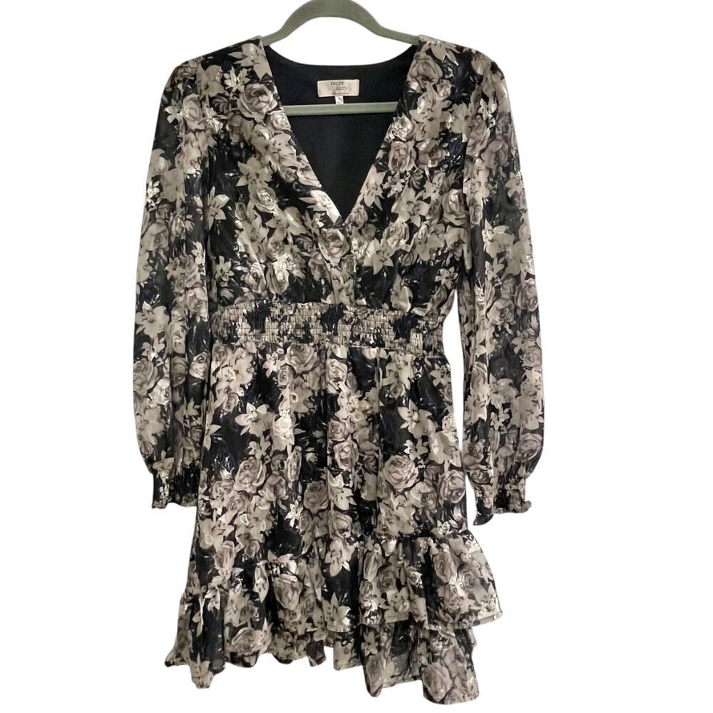 Dizzy Lizzy Black Tan Floral Tiered Ruffle Mini Dress Size S NWOT - Picture 14 of 14